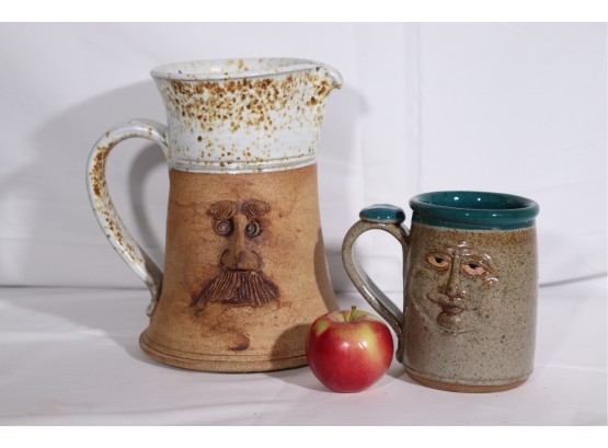 Tall Stoneware Pitcher With Fun Facial Expression Includes A Smaller Mug