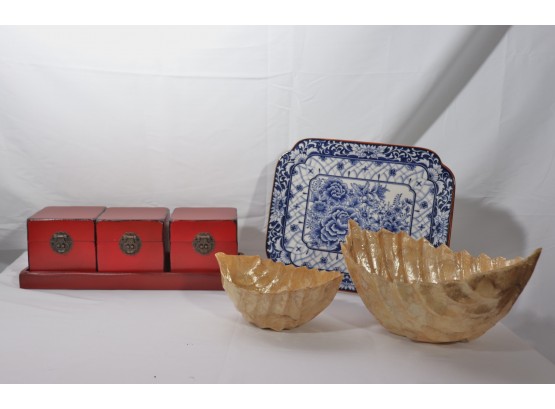 Asian Style Wood Spice/Herb Box Set With A Wood Tray Includes A Pretty Blue & White & Tray, Scalloped Bowl Dec