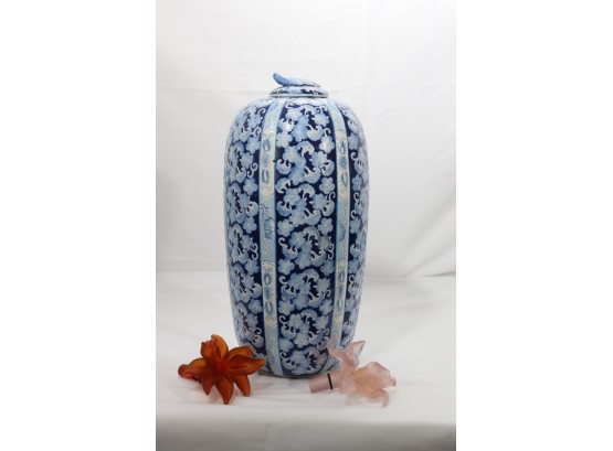 Beautiful Blue & White Asian Urn With Marked/Stamped With An Etched Design Throughout 2 Floral Lucite Stoppers