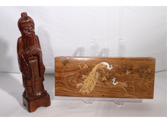 Beautiful Handmade Etched Wood Box With Inlaid Detail On Top Includes A Carved Wood Wiseman Sculpture