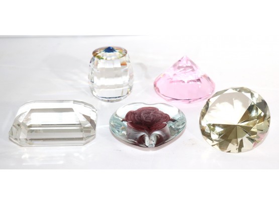 Collection Of Assorted Crystal & Glass Paperweights, Larger Piece Is Signed Tiffany & Co, Pink Rosenthal C