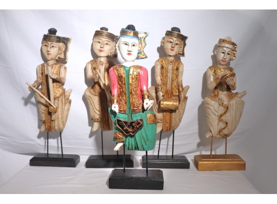 Set Of 5 Decorative Carved Wood Traditional, Native Sculpture One Piece Has Broken Fingertips