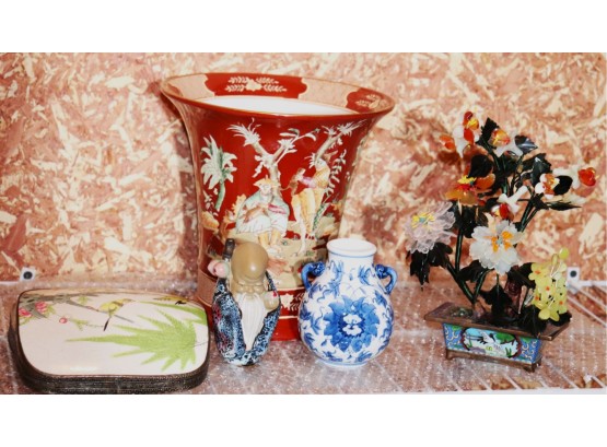 Glass Tree On A Cloisonn Base, Pretty Chopsticks Vase By Andrea Sadek & A Vintage Trinket Box With Metal