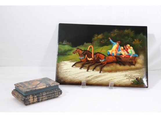 Lacquered Art On Board Signed By The Artist On Corner Depicting A Fun Country Sleigh Scene & Pretty Stone Trin