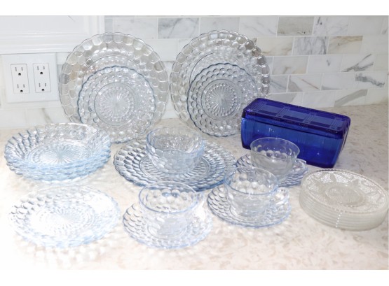 60.Vintage Blue Tone Depression Glass Includes Dinner Plates, Lunch Plates, Fruit Bowls, Soup Bowls & Cobalt