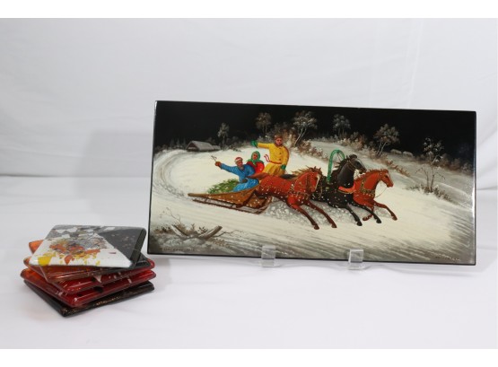 Lacquered Art On Board Depicting A Fun Winer Country Sleigh Scene Signed By The Artist & 5 Pretty Art Glass Co