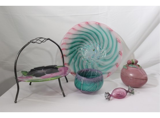 Beautiful Art Glass Includes A Floral Platter On A Stand, Hand Blown Swirl Platter, Bowl With Pointel, Candy T