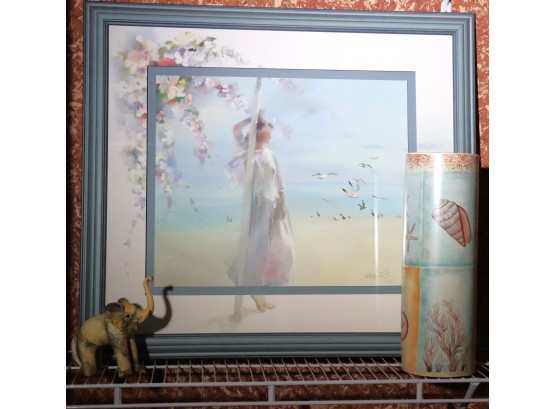 Pretty Signed Print Of A Lady Watching The Tide, Ceramic Seashell, Umbrella Holder, & Elephant That Looks