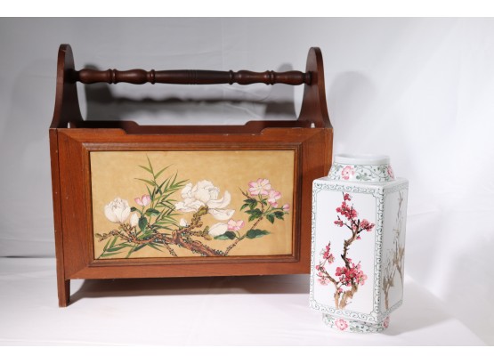 Vintage Wood Magazine Stand - Hand Painted Cherry Blossom & Bird Design & Asian Style Urn With A Crackle Finis