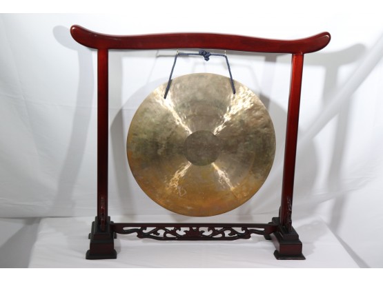 Ornate Asian Gong With A Carved Wood Stand