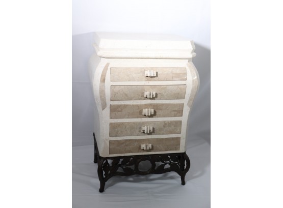 Fabulous Asian Style Jewelry Chest With A Travertine Marble Veneer & A Finished Back On A Small Metal Stand