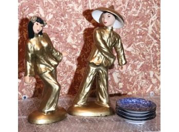 Signed Asian Figures By ?? See Pictures Hedi Schloop & Asian Coaster Set