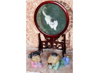 Pretty Asian Style Cat Embroidered In Glass Frame Dual Sided On A Stand Includes Figurines Of Children La