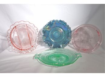 LE Smith Green Depression Glass Tray With Handles, Carnival Glass Plate, Pink Depression & Pretzel Pattern Tra