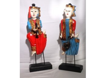 Decorative Carved Wood Traditional Thailand Dancers On Stand