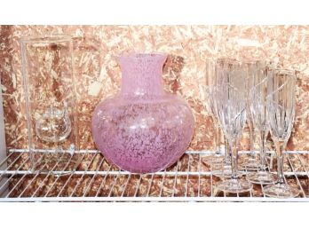 Collection Includes A Pretty Speckled Pink Art Glass Vase & Wine Decanter, Collection Of 6 Champagne Flute