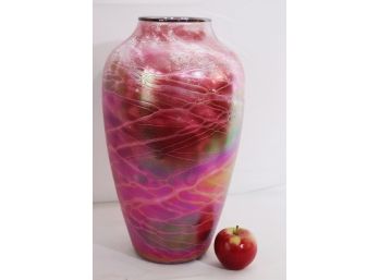Pretty Pink Iridescent Art Glass Vase Signed By Artist On Bottom 1998 Beautiful Colors & Texture Throughou