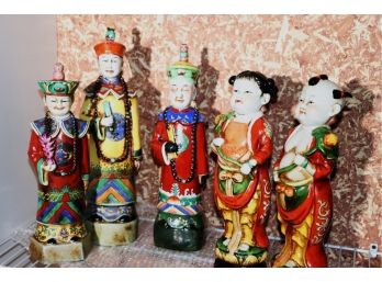 Collection Of 5 Ceramic Asian Statues With A Nice Crackle Finish Ranging In Size