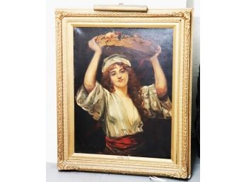 The Flower Girl By A. Piot Antique Painting In An Ornate Frame