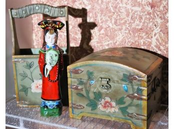 Decorative Asian Style Wood Boxes & Statue With A Felt Lined Bottom