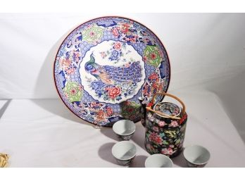 Large Japanese Plate/Charger Depicting A Beautiful Peacock & Vintage Tea Set With Etched Floral Pattern