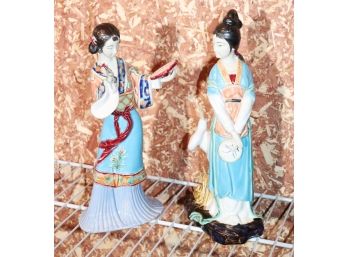 Pretty Asian Porcelain Figures With Amazing Detail Throughout, Lady With Crane