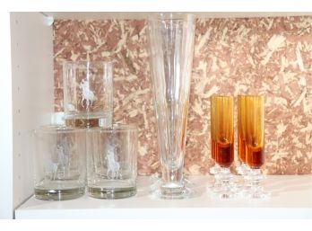 Collection Of 7 Rocks Glasses With Etched Polo Design, 3 Large Pilsner Glasses & 6 Amber Colored Aperitif