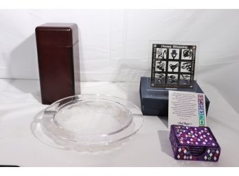 Cigar Holder With Humidor, Signed Ashtray, Purple Coasters, Designer Art Plaque By Anat Mayer
