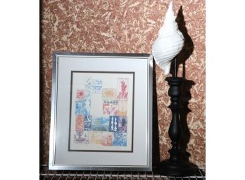Decorative Faux Shell On A Stand And Framed Print Signed By The Artist Holidays 91/300 Signed By The Art