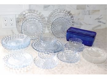 60.Vintage Blue Tone Depression Glass Includes Dinner Plates, Lunch Plates, Fruit Bowls, Soup Bowls & Cobalt