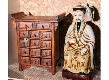 Tall Ceramic Asian Wiseman Statue Includes A Cute Little Altar Style Jewelry Box