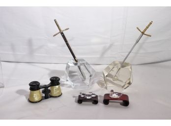 Swarovski Duck Miniatures, Sword In The Stone Bookends With Removable Swords & Opera Glasses