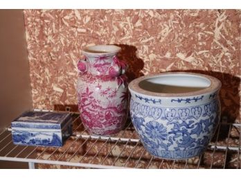 Pretty Asian Blue & White Planter, Trinket Box & Pretty Crackle Finish Vase With Pink Tones