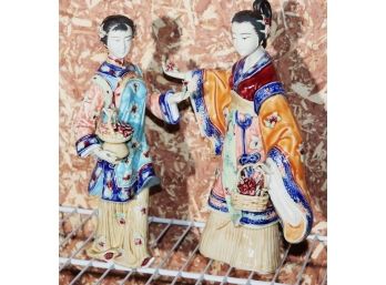 Pretty Asian Porcelain Figures With Amazing Detail Of Women With Flower Baskets Throughout