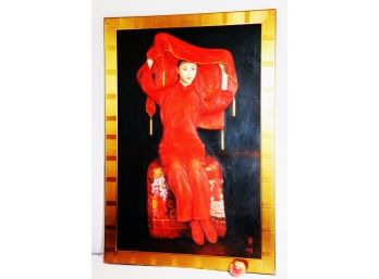 Stunning Painting Of An Asian Lady In Red In A Gold Toned Frame Signed By Artist In Lower Corner