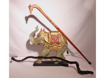 Painted Metal Elephant Art Sculpture On Stand Includes A Carved Wood Giraffe Cane & Natural Polished Branc