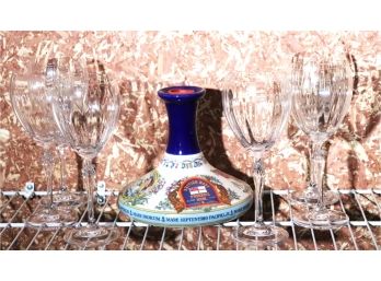 Includes British Navy Pussers Rum Bottle & 6 Mikasa Wine Glasses, Wade Staffordshire England Sealed Bottle