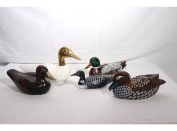 Collection Of Carved Wood Ducks Includes Firenze Made In Italy With A Brass Head & Carved Loon Bird