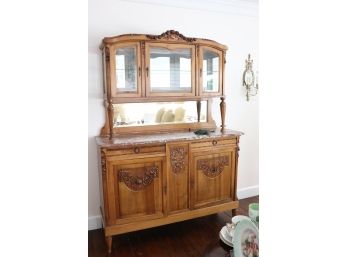 Handcarved Antique French Provincial China Cabinet Hutch With Marble Top And Beveled Mirror