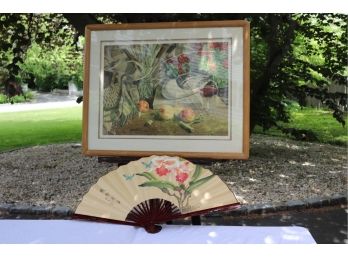 Signed Still Life Print Of Duck And Fruit By Aridean And Stamped Asian Fan