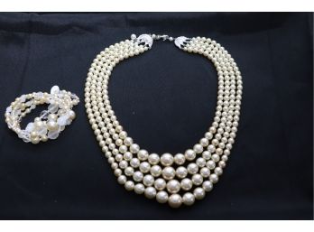 20' Faux Graduated Pearl Necklace And Bracelet