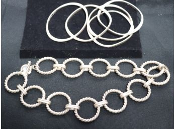 Lot Of 5 Sterling Silver Oval Bangle Bracelets And Sterling Necklace