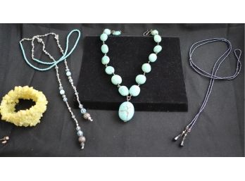Assorted Lot Of Women's Jewelry: 2 Lariots, Bracelet And Turquoise Costume Necklace