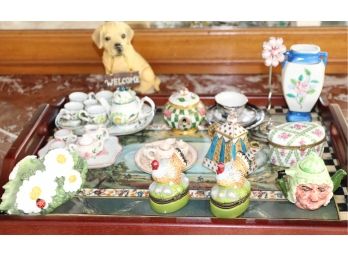 Lot Of Assorted Miniature Tea Sets, Trinket Boxes, And Wood Mackenzie Childs Tray