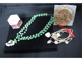 Assorted Lot Of Women's Jewelry;  Butterfly Compact, Earrings Stretch Bracelets And Beaded Necklace