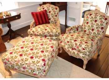 French Provincial Floral Stitched Chairs With Ottoman And Custom Fabric By Old World Weavers