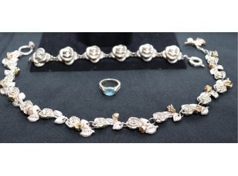 Sterling Silver Necklace -14KT Rosebud Accents, Sterling Rosebud Bracelet, David Yurman 14KT & Sterling Ring