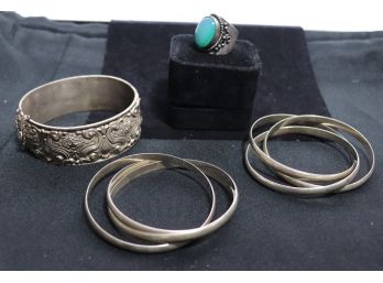 Sterling Ring With Blue Green Stone And Sterling Silver Bracelets