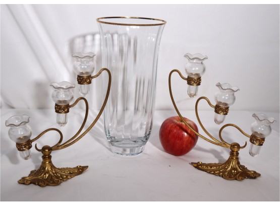 Large Bloch Crystal Vase With A Gold Painted Rim & A Pair Of Brass Candle Holders