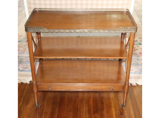 Vintage Elegant Serving Cart With A Gallery Rail Along The Top Surface & A Drawer On The Bottom For Storage